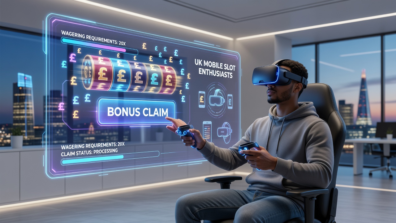 Virtual reality headset user interacting with a mobile slot bonus interface in a simulated casino environment