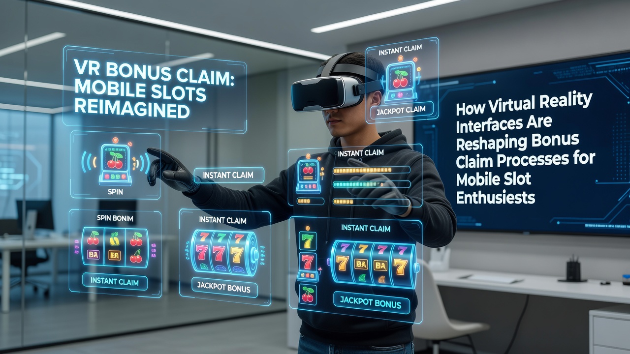 Close-up of a player using hand gestures to claim a slot bonus inside a virtual reality casino lobby on a mobile-connected headset