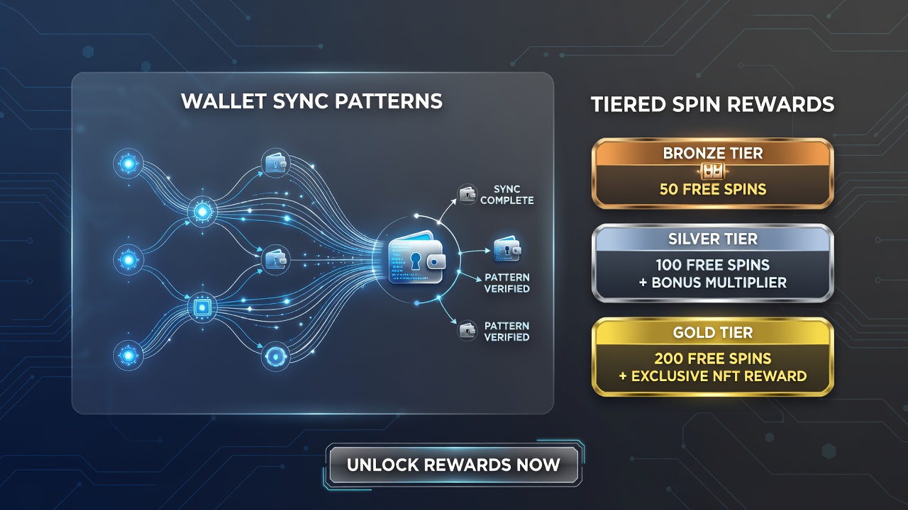 Flowchart illustrating wallet sync stages leading to escalating spin reward tiers