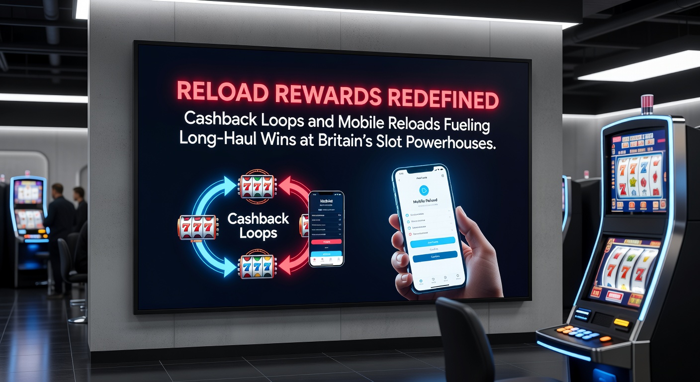 Vibrant graphic showing cashback loops and mobile reload icons powering slot reels in a dynamic casino scene