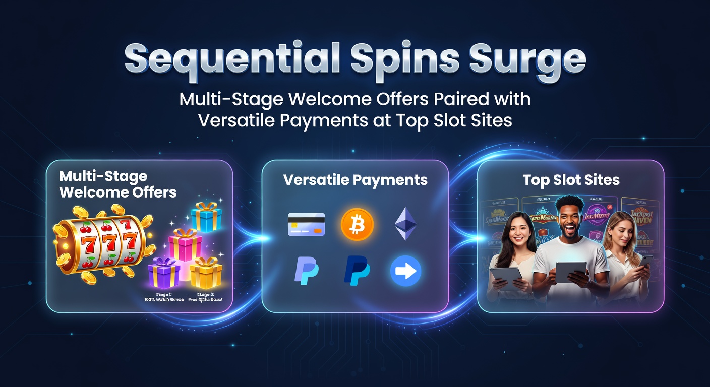 Vibrant slot reels spinning with overlaid bonus icons and payment method symbols, illustrating multi-stage offers and deposit flexibility
