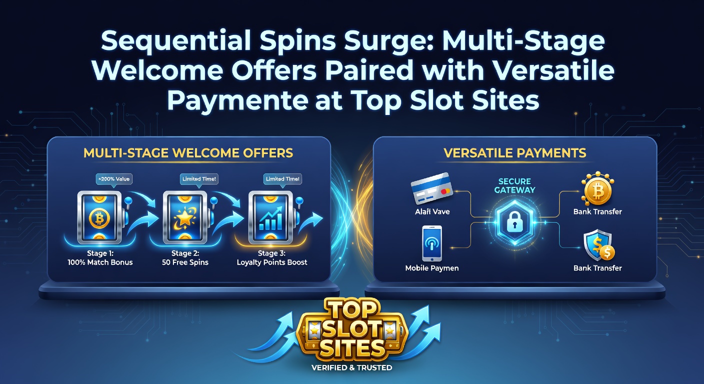 Dynamic graphic showing deposit stages unlocking colorful spin cascades alongside icons for cards, e-wallets, and crypto payments