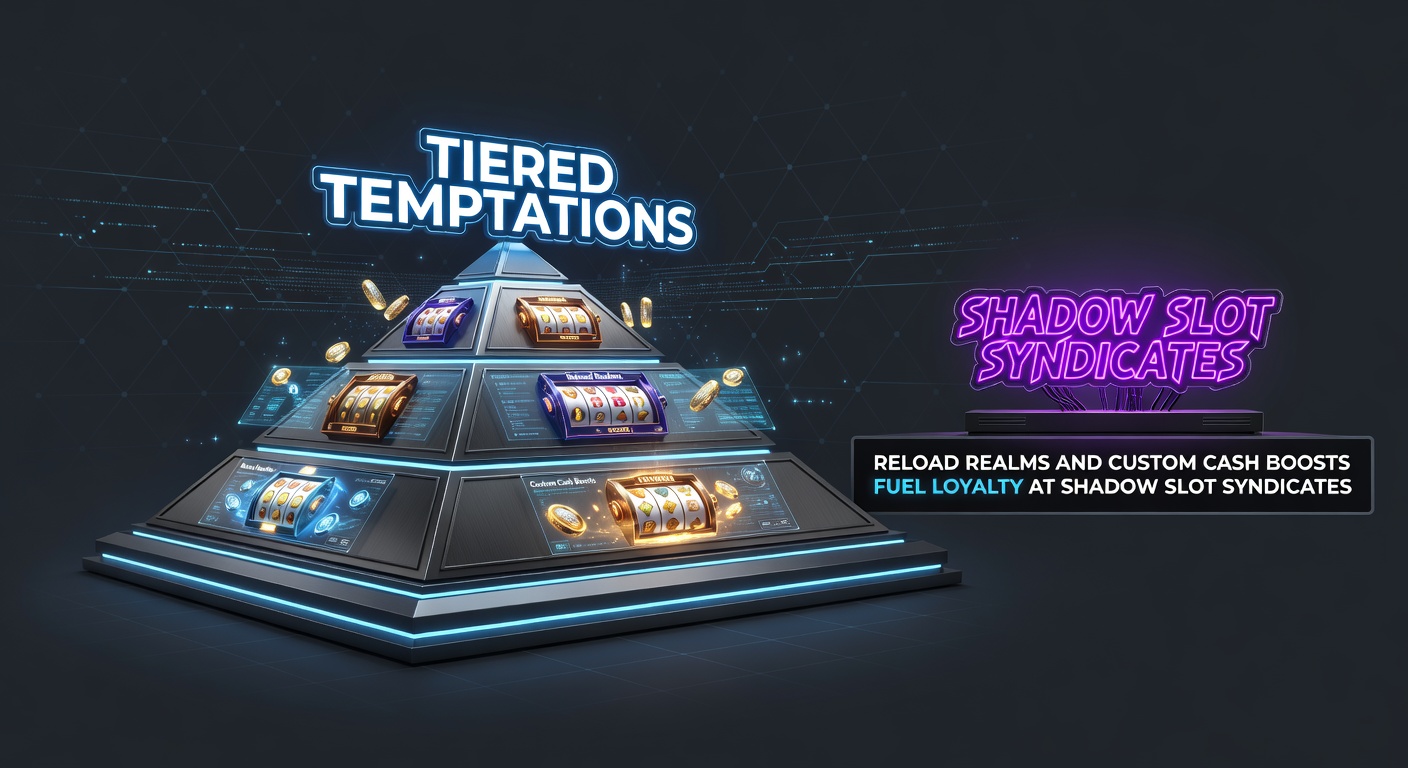 Illustration of tiered loyalty ladder with glowing reload bonuses and cash boost icons climbing toward a jackpot crown in a shadowy casino realm