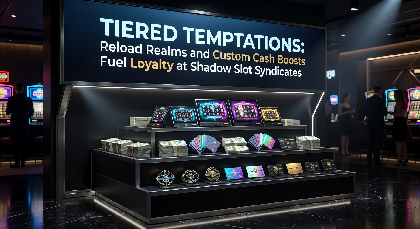 Dynamic graphic showing a player avatar ascending tiered platforms, collecting reload coins and cash boost multipliers amid neon slot reels in a dimly lit syndicate vault