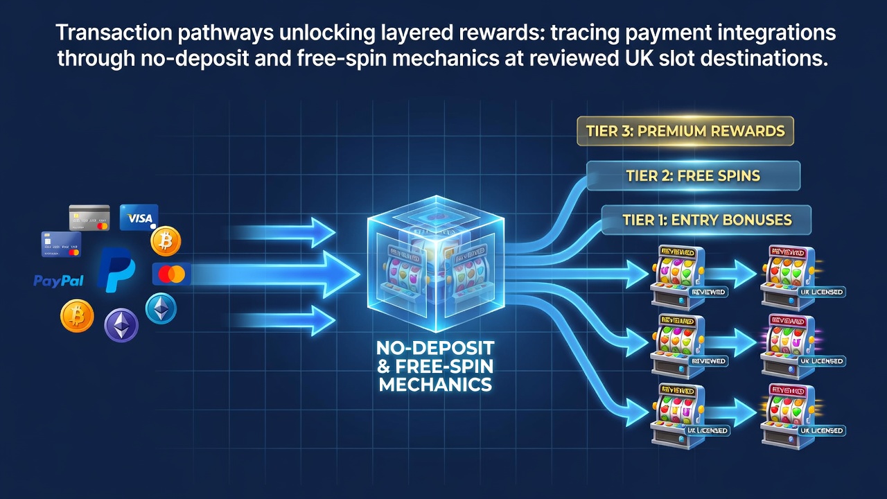 Payment transaction pathways diagram showing no-deposit bonus flows into free spin mechanics at UK slot sites